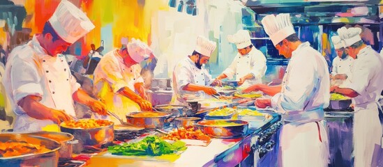 A group of chefs working in the kitchen. They all wore white chef hats and white coats. The kitchen was brightly lit, and there were lots of pots and pans on the counter.