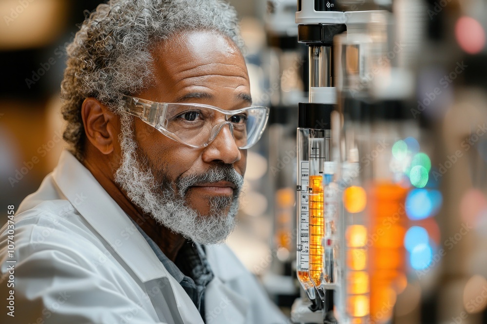 Poster a close-up of a scientist in a lab coat looking at glassware with a yellow liquid