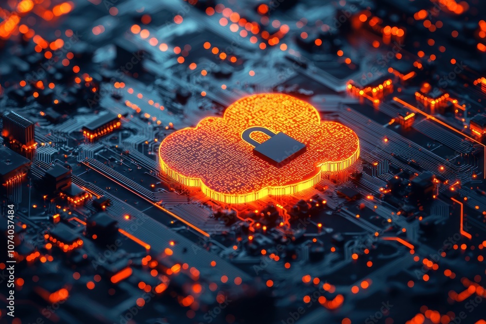 Poster glowing cloud shape with lock on circuit board