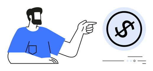 Man in blue shirt points at a large dollar sign target, implying financial achievement or goals. Ideal for financial planning, investment advice, economic strategy, business growth, educational