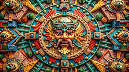 Obraz premium Architectural Photography of Tribal Symbols in American Style Featuring Aztec Animal Designs with Mexican Influence, Capturing Cultural Heritage and Artistic Expression