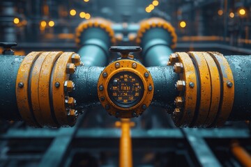 Obraz premium Close-up of a Yellow and Blue Industrial Pipeline with a Digital Gauge