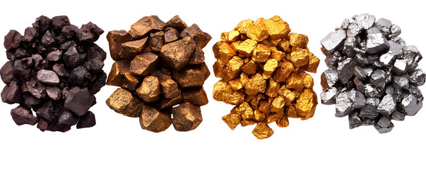 Obraz premium Collection of shiny metallic rocks in brown, gold, and silver colors isolated on a white background with transparent background PNG.