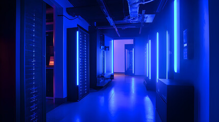 Quantum computing server room with glowing blue lights and cooling systems