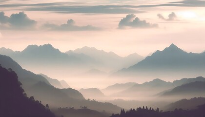 Calming minimalist mountain scene with soft fog,  nature-inspired designs and tranquil backgrounds