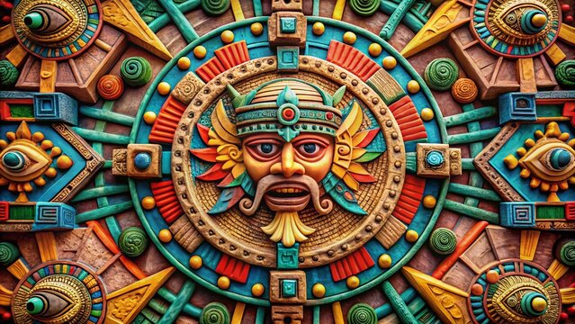 Architectural Photography of Tribal Symbols in American Style Featuring Aztec Animal Designs with Mexican Influence, Capturing Cultural Heritage and Artistic Expression