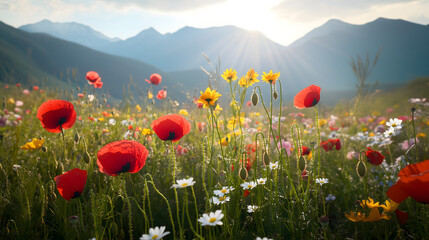 
Field flowers with mountains in the background and sunlight streaming through, including poppies and daisies