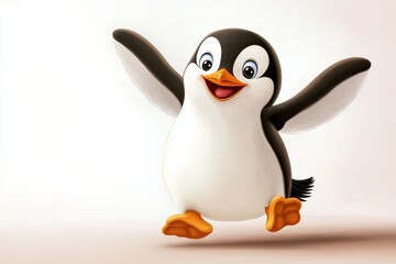 Fototapeta premium Playful cartoon penguin happily waddling with outstretched wings on a light background in a cheerful and lively manner