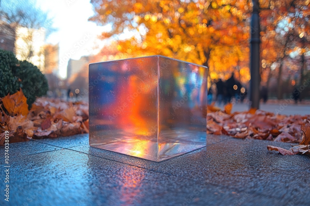 Poster a crystal cube reflecting autumn colors in a park