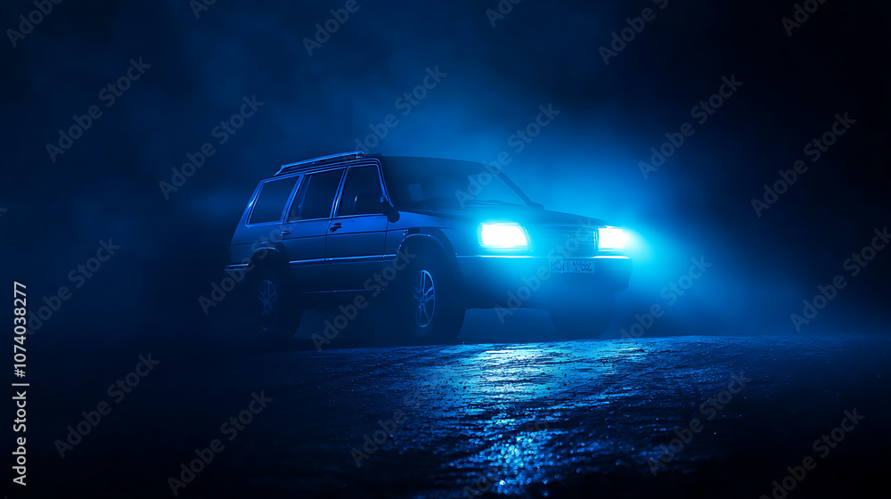 Poster a blue suv car with its headlights on is illuminated against the dark background, creating an atmosp