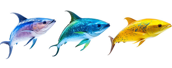 Three Realistic Tuna Fish Swimming in Different Colors, Isolated on a Transparent Background PNG