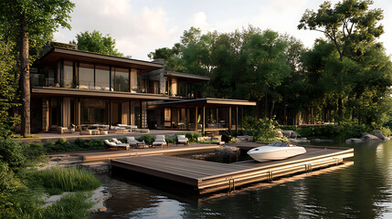Obraz premium A beautiful house on the water with an oversized dock and a boat at its edge, surrounded by trees The deck features various seating areas for relaxing or socializing during summer nights