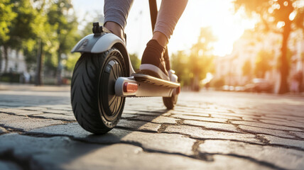 Electric scooter on cobblestone street during sunset, showcasing urban mobility