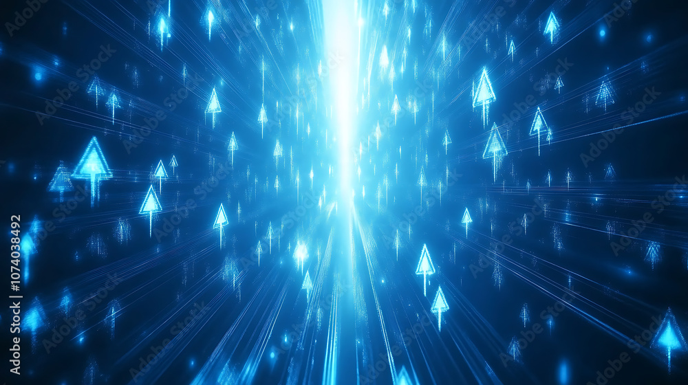 Poster abstract background with glowing blue arrows pointing upwards on a dark background, symbolizing prog