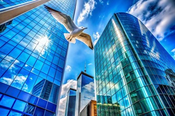 Fototapeta premium A Seagull Soars Past a Modern Glass Skyscraper Reflecting the Bright Blue Sky, Blending Urban Architecture with Nature in a Vibrant City Setting