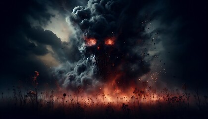 Obraz premium dark, ominous smoke and fire effect with sparks flying in all directions
