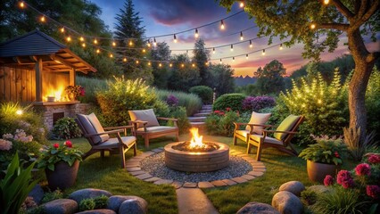 A Serene Evening by the Fire Pit in a Beautiful Garden with Twinkling String Lights for Cozy Gatherings and Relaxation