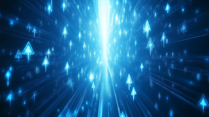 Abstract background with glowing blue arrows pointing upwards on a dark background, symbolizing progress and growth in technology or business
