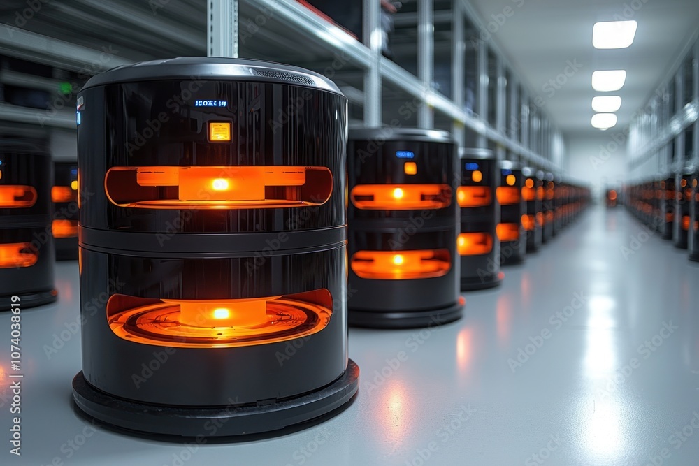 Poster row of illuminated black cylindrical servers in data center