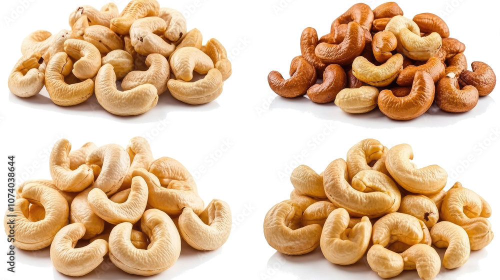 Poster varied selection of cashew nuts is presented in several mounds generative ai