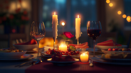 Table set for a romantic dinner with candles, wine, and fine dishes 