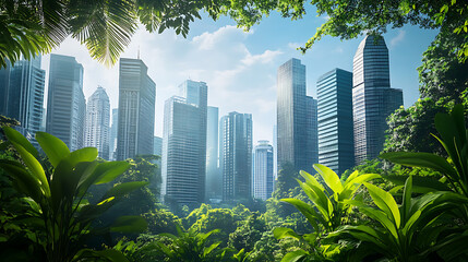 A bustling urban cityscape featuring a vibrant business district with towering skyscrapers, framed by lush green plants, highlighting the harmony between nature and urban development