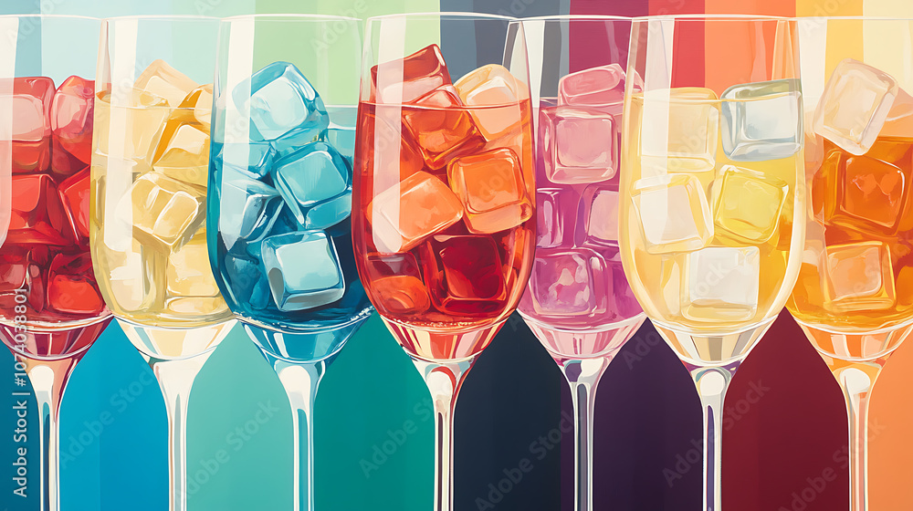 Poster A colorful illustration of glasses filled with different types of ice cubes, arranged in an artistic pattern on the right side of the canvas