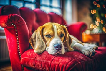 A Sleepy Beagle Dog Resting Comfortably on a Red Armchair Surrounded by Dog Hair, Capturing the Essence of Pet Ownership and the Challenge of Cleanliness in a Cozy Living Space