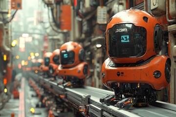 Fototapeta premium A Line of Orange Robots Moving on a Conveyor Belt in a Futuristic Cityscape
