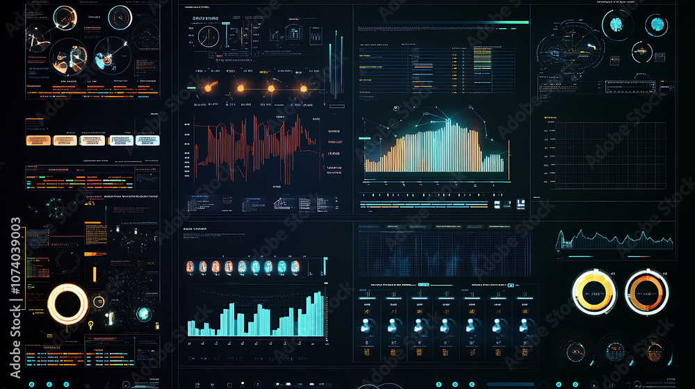 Poster A detailed display showcasing data analysis and information diagrams for electricity grid analytics, focusing on cost and production monitoring