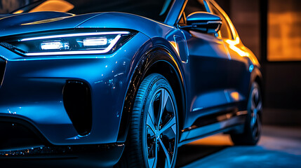 A detailed photograph of an electric SUV car in blue color, illuminated by the headlights against a dark background
