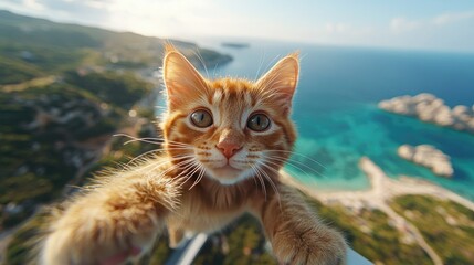 Adorable orange kitten takes a selfie with a stunning beach and ocean view in the background.