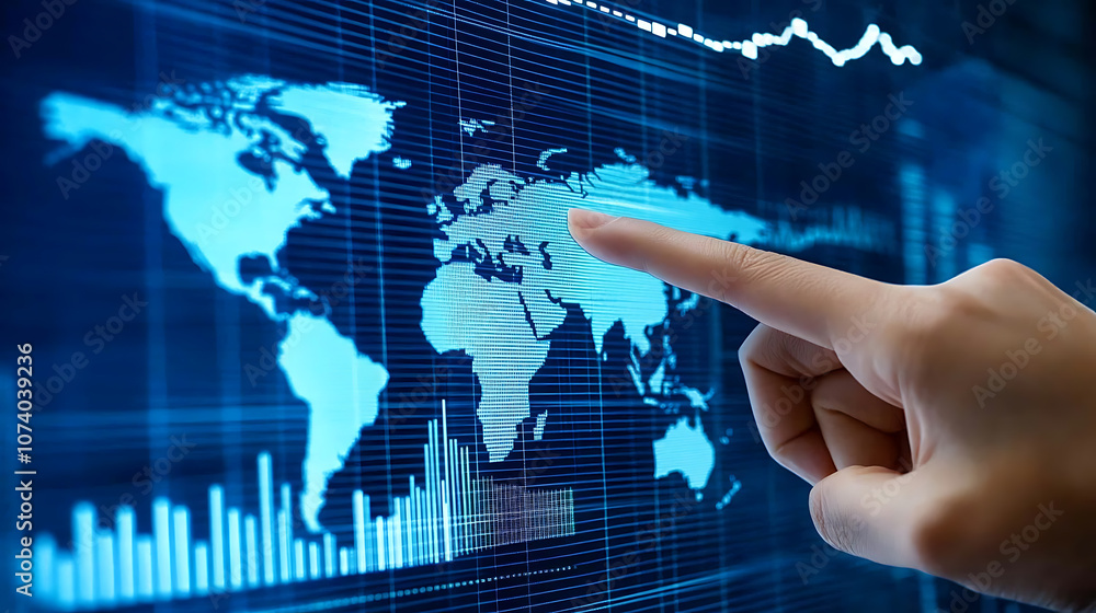 Poster A hand is pointing at a digital screen with a global map and financial graphs, illustrating the concept of smart business planning for international growth in global trade