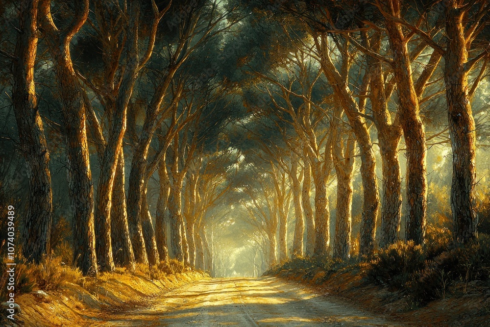 Poster Sunlit Pathway Through a Dense Forest of Trees