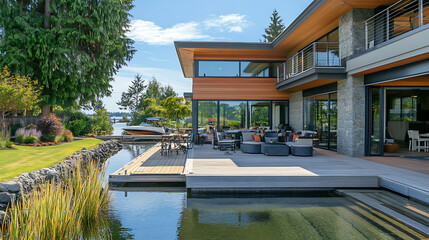 Fototapeta premium A large, modern house with an outdoor patio and deck overlooking the tranquil waters The house has a fishing dock and boat halter next it