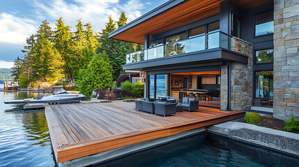 Fototapeta premium A large, modern house with an outdoor patio and deck overlooking the tranquil waters The house has a fishing dock and boat halter next it