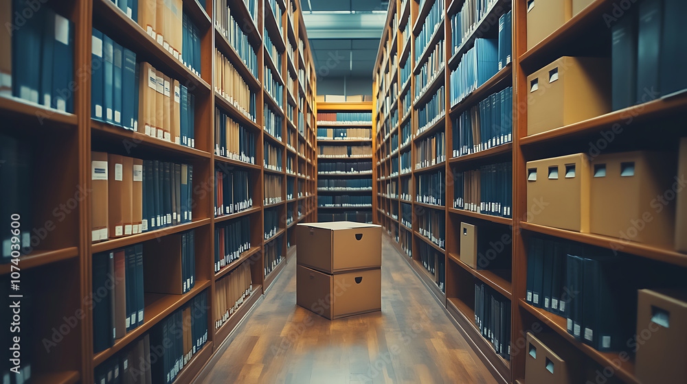 Poster A modern library room is designed with efficient storage solutions that include neatly arranged storage boxes, folders and documents on shelves