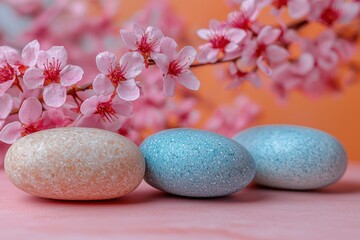 Pink Cherry Blossoms and Textured Stones on a Pink Surface