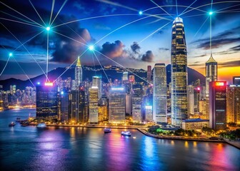 Obraz premium A Stunning Night View of Hong Kong with Glimmering City Lights and Dynamic Data Streams Illustrating Digital Connectivity in a Lively Urban Landscape