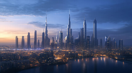 Obraz premium A panoramic view of the city skyline at dusk, showcasing high-rise buildings and modern architecture against a blue sky