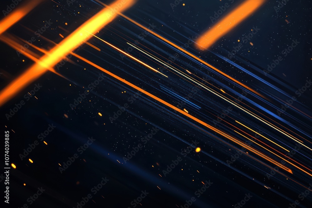 Poster abstract dark background with diagonal orange and blue light streaks and scattered glowing particles