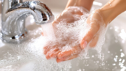 Fototapeta premium Woman's hands washing them under running water from shiny chrome faucet and white sink. Hands cupped, soap bubbles visible.