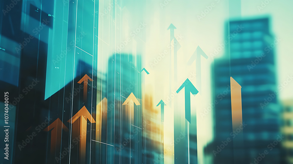 Poster a series of arrows pointing upwards on an office background, symbolizing growth and progress in busi