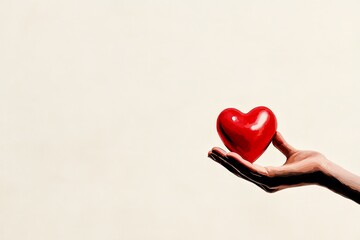 Fototapeta premium A hand holds a glossy red heart against a plain background, symbolizing love and affection in a simple yet powerful gesture
