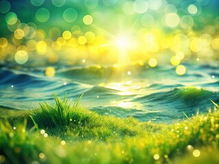 Obraz premium A Tranquil Meadow of Pale Yellow and Soft Green Waves in Bokeh Effect, Capturing the Soothing Essence of Sunlit Nature's Embrace