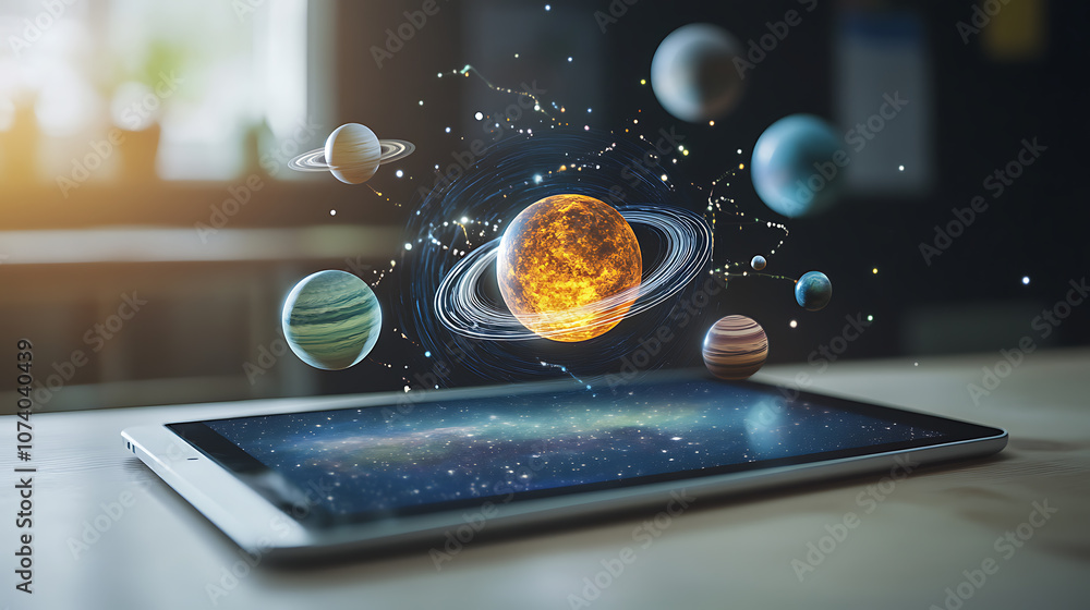 Poster a tablet on a classroom desk displays an augmented reality hologram of a tree, showcasing kids learn