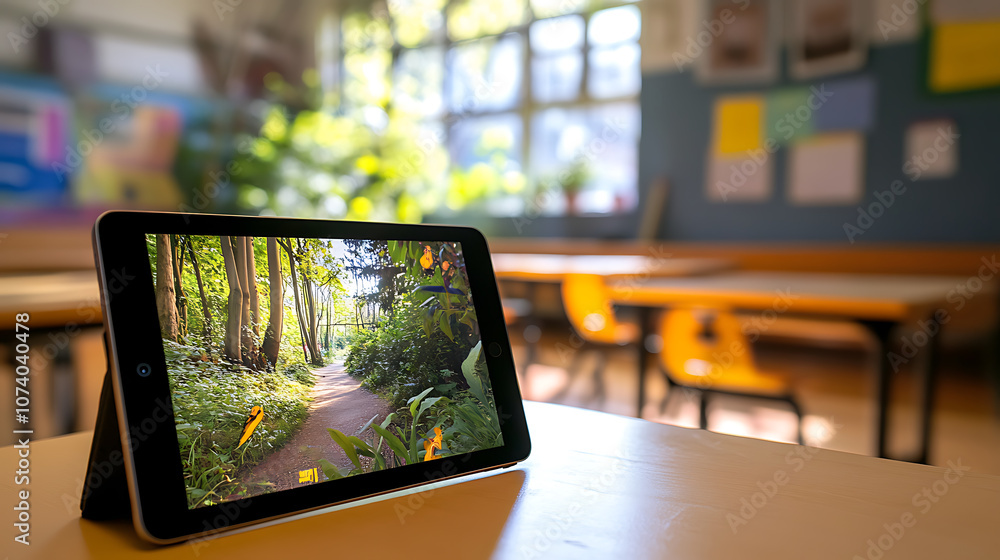 Poster a tablet on a classroom desk displays an augmented reality hologram of a tree, showcasing kids learn