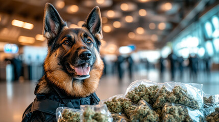 Police German shepherd with seized packages of marijuana