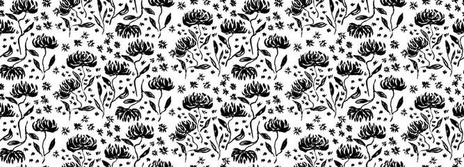 Botanical black and white seamless pattern with grunge hand drawn ink brush stroke textured abstract flowers and drops. Artistic paintbrush floral print for textile design, wrapping paper, wallpaper