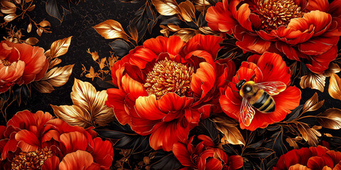 Fototapeta premium peony, gold, bee, abstraction